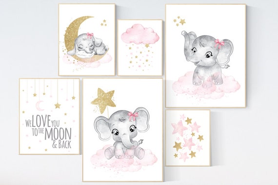 Pink gold nursery art, elephant nursery decor girl, we love you to the moon and back, elephant nursery print, pink and gold, girls room art