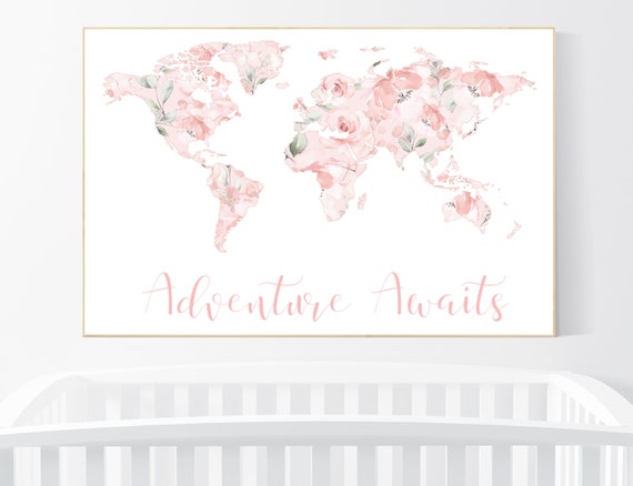 Floral World Map, Girl Nursery Decor, Travel Nursery Art, floral Nursery Print,  blush nursery, Nursery baby girl room, Adventure Awaits