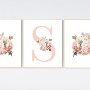 Nursery decor girl flower, floral nursery, peony nursery, peony flower, girl nursery wall decor, set of 3 prints, name print