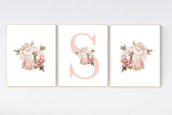 Nursery decor girl flower, floral nursery, peony nursery, peony flower, girl nursery wall decor, set of 3 prints, name print