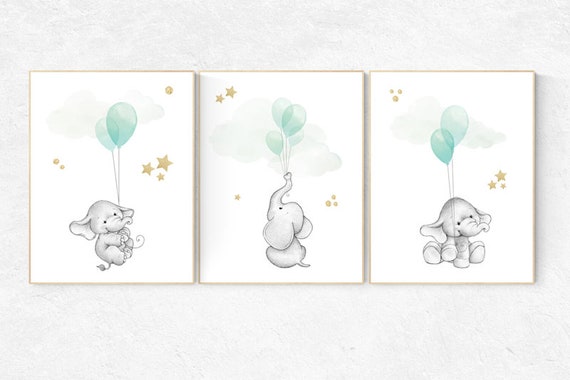 Mint and gold nursery decor, Nursery decor animals, neutral nursery, elephant nursery, mint gold nursery decor, gender neutral, mint green