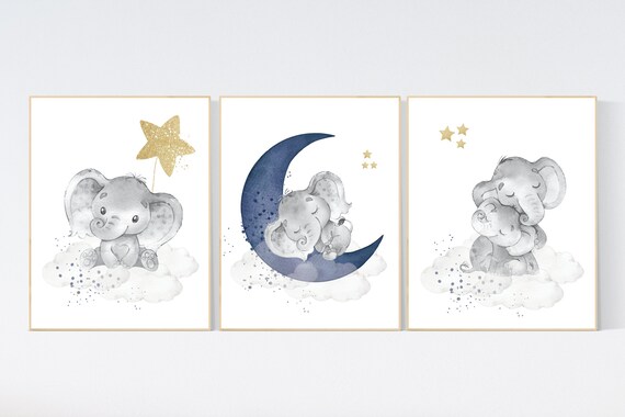 Navy nursery decor elephant, cloud and stars, moon and stars, navy gold nursery art. baby room wall art, boy nursery decor, nursery art