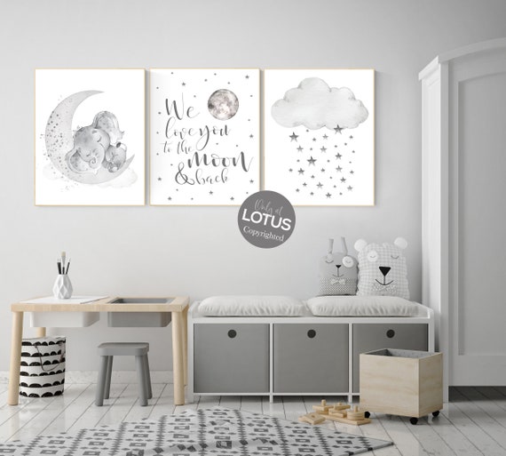 Nursery wall art grey, gray nursery, nursery decor neutral, elephant nursery, baby room decor gender neutral, moon and stars, nursery ideas