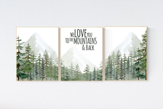 Nursery decor mountain, nursery wall art, tree nursery decor, adventure theme nursery, forest nursery, green nursery, woodland nursery