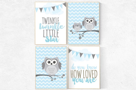 Twinkle Twinkle Little Star, owl nursery, Baby boy nursery decor, Blue gray nursery, boys room wall art, baby room prints, nursery decor