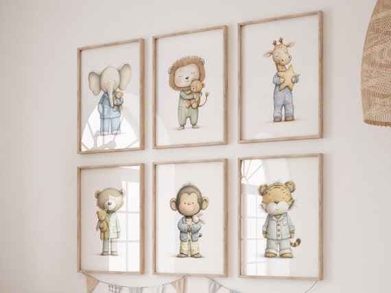 Nursery Wall Art Set, Pajama Animals, Baby Safari Animals