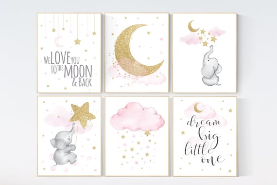 Giraffe, elephant nursery, moon cloud star nursery, Pink gold nursery, girl room wall art, moon nursery, Nursery decor girl, baby room print