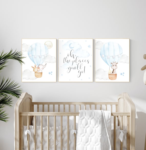 Nursery decor boy, baby blue nursery, hot air balloon nursery, oh the places you'll go, animal nursery, boy nursery wall art, boys room