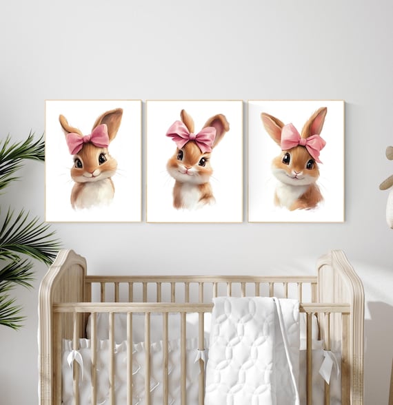 Nursery wall art girl bunnies, bunny nursery print, rabbit nursery, bunny nursery decor, bow nursery, bow print, blush nursery, girl nursery