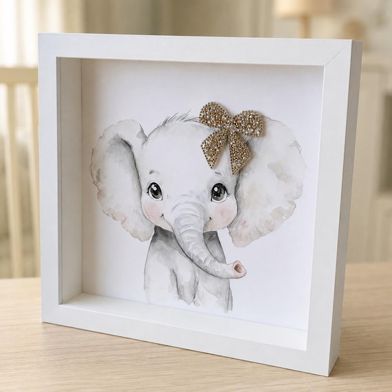 Baby Elephant Nursery Art, Watercolor Rhinestone Bow, 9x9 Framed Wall Decor