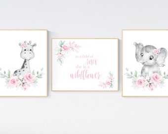 Pink nursery, Floral jungle animals, nursery decor girl flowers, pink and lavender, nursery decor girl boho, floral nursery prints, elephant