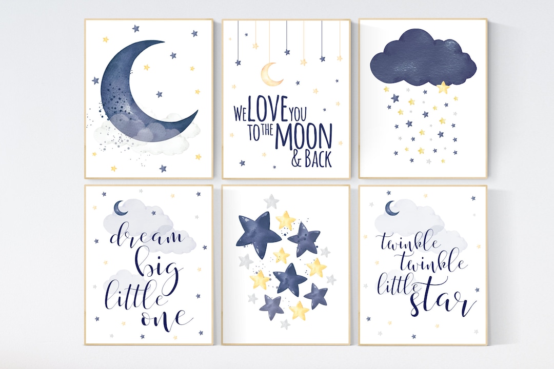 Moon and Stars Nursery Prints: Navy & Yellow Baby Room Wall Art (set of ...