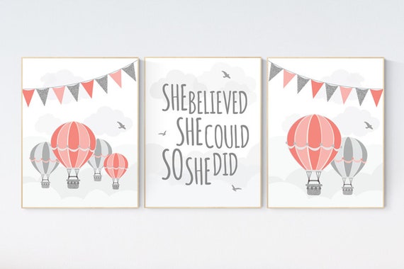 Coral gray nursery decor, nursery wall art girl, coral, grey, silver, nursery art girl, hot air balloon, she believed she could so she did