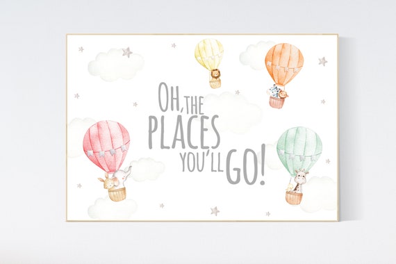 Hot air balloon nursery, gender neutral, safari animals, animal prints for nursery, twin nursery, unisex, oh the places you'll go, balloons