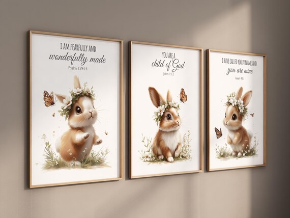 Nursery wall art girl bunnies, bunny nursery print, Bunny Floral Watercolor Prints, bunny nursery decor, bible verse, christian art