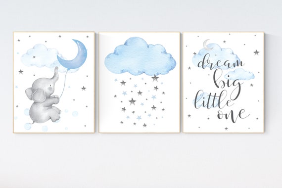 Elephant nursery, dream big little one, Blue and gray, Nursery decor boy, nursery decor, boys room decor, , clouds and stars, blue grey