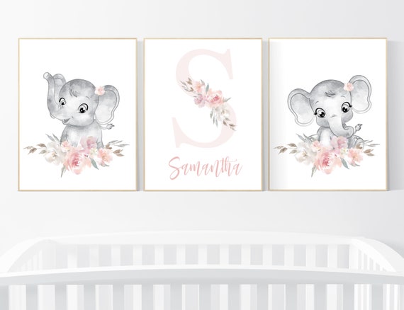 Nursery decor girl boho, elephant nursery wall art, nursery decor girl flowers, nursery decor girl floral, nursery prints, boho nursery