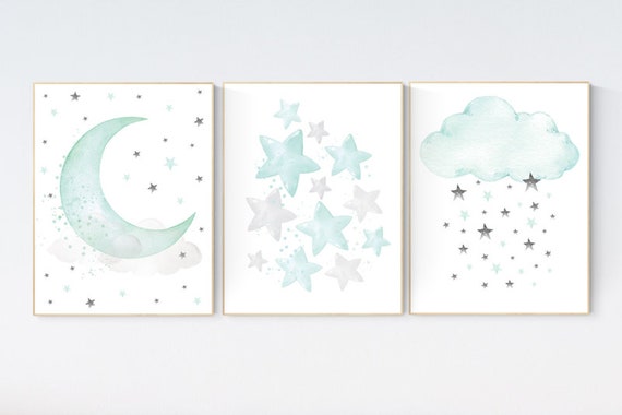 Mint nursery decor, mint green nursery decor, mint green nursery, moon and stars nursery, gender neutral, baby room wall art, star nursery