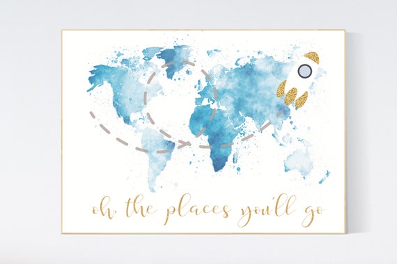 Oh the places you will go, world map, blue gold nursery print, baby room, nursery room decor, world map, glitter, oh the places you'll go