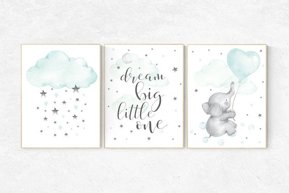 Nursery decor elephant, mint green nursery, dream big little one, nursery wall art elephant, cloud and raindrops, aqua nursery art, neutral