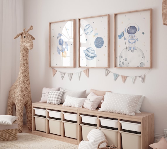 Space Nursery Prints, Astronaut, Rocket, Planets Wall Art - Set of 3
