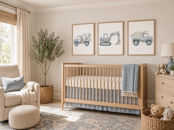 Construction Truck Nursery Wall Art Set of 3, Blue Vehicle Prints
