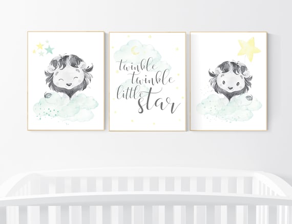 Lion nursery wall art, Nursery prints boy, mint yellow nursery art, boy nursery ideas, boy nursery decor, safari animals, animal prints