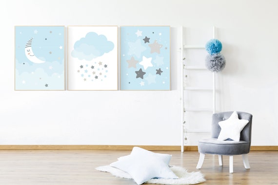 Baby boy nursery decor, Blue gray nursery, Twinkle Twinkle Little Star, moon nursery art, boys room wall art, baby room prints, set of 3