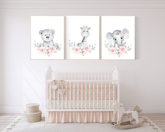 Floral jungle animals, blush nursery, nursery decor girl flowers, blush pink, nursery decor girl boho, floral nursery prints, elephant, bear