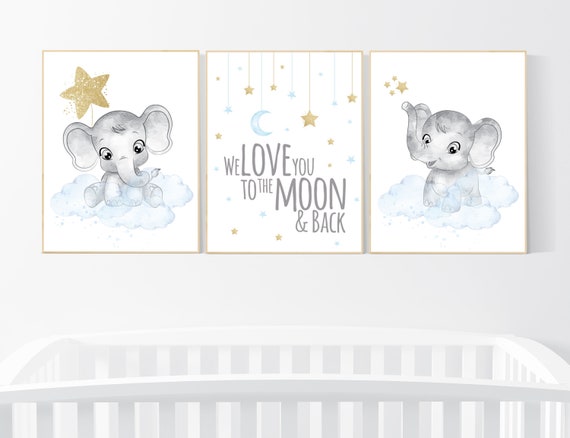 Nursery decor boy elephant, blue and gold nursery, we love you to the moon and back, blue nursery wall art, cloud and stars, baby room decor