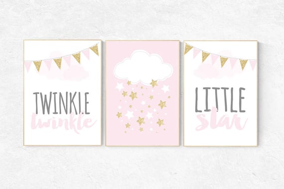 Pink gold nursery, girls room decor, Twinkle twinkle little star, cloud nursery wall art, pink and gold baby shower, baby girl nursery art