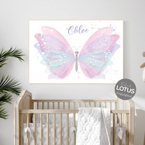 Decoração de berçário menina borboleta, cores pastel, berçário rosa, arte de berçário de borboletas, decoração de quarto de meninas, estampas de borboletas, berçário lilás