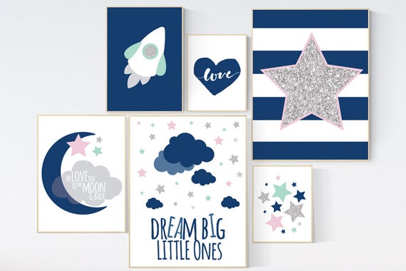 Nursery decor, nursery wall art, navy mint pink, dream big little one we love you to the moon and back, cloud, stars, twin nursery