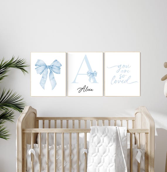 Blue bow nursery prints, Watercolor wall art, Bow nursery print, Blue nursery art set, Watercolor Bow Prints, nursery decor bow