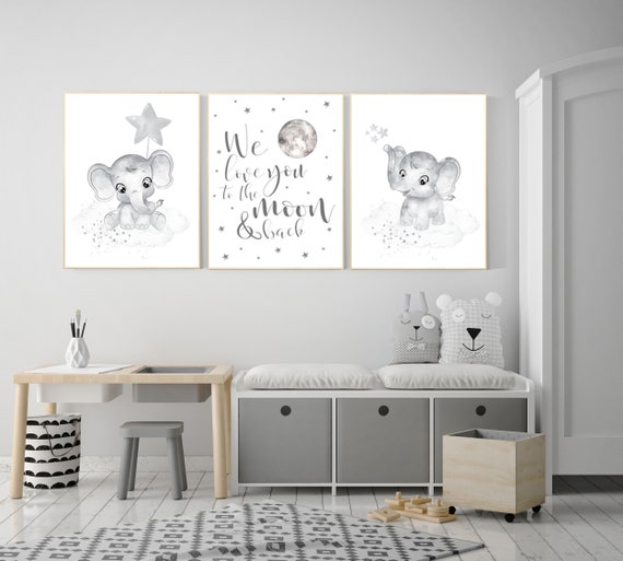 Nursery wall art grey, gray nursery, elephant, nursery decor neutral, baby room decor gender neutral, moon and stars, grey nursery decor