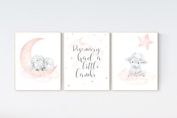 Nursery decor lambs, Nursery decor girl peach, sheep nursery, cloud and stars, moon and stars nursery, blush grey, sheep nursery