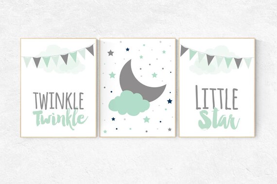 Mint navy nursery decor, cloud nursery mint nursery, star nursery decor, nursery wall art, set of 3, nursery prints, baby room, mint navy