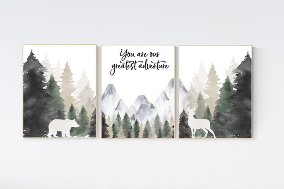 Nursery decor woodland, mountain wall art, tree nursery decor, adventure theme nursery, forest, sage green, beige, woodland animals