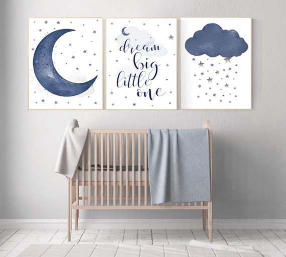 Nursery decor boy, navy nursery decor, moon and stars, dream big little one, navy blue nursery art, baby boy nursery art, raindrops