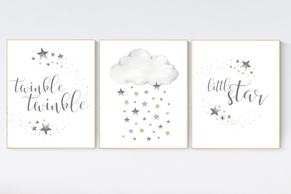 Nursery wall art grey, gray gold nursery, twinkle twinkle little star, nursery decor neutral, baby room decor gender neutral, grey gold