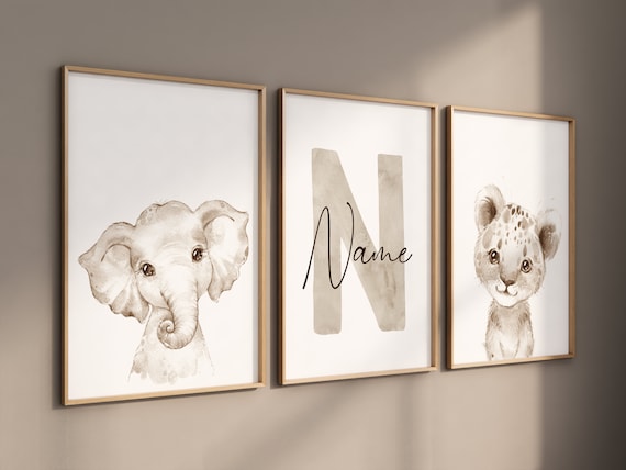Nursery wall art animals, gray nursery, gender neutral nursery, neutral colors, beige colors, baby room decor, bear, elephant, animal prints