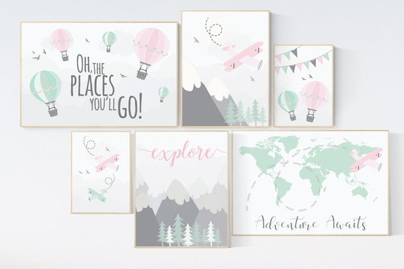 Nursery decor, adventure nursery, mountain nursery art, adventure awaits. mountain, hot air balloon, world map, Pink Mint Grey, coral mint