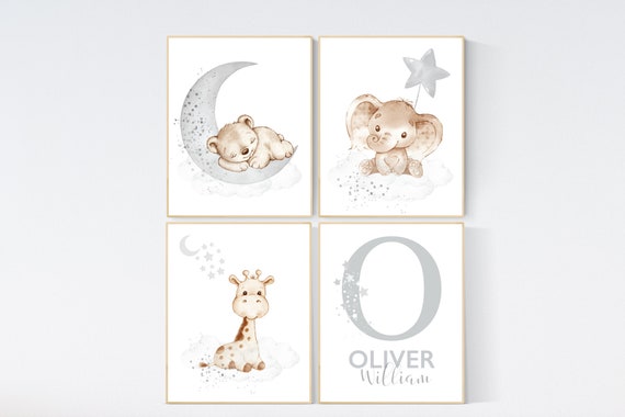 Nursery wall art animals, animal prints, gray nursery, gender neutral nursery, neutral nursery, baby room decor, bear, elephant, giraffe