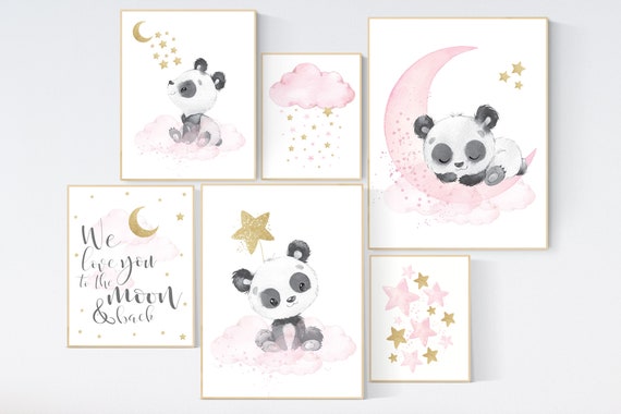 Nursery wall art girl, pink gold, panda nursery decor, panda bear nursery, we love you to the moon and back, moon and stars, pink and gold