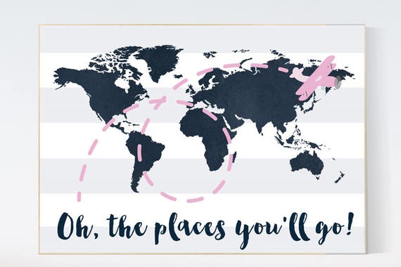 Nursery decor navy and pink, Oh the places you'll go, navy pink wall art, pink navy decor, travel nursery, nursery decor, world map nursery,