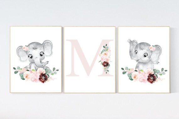 Nursery decor girl boho, blush, elephant nursery wall art, nursery decor girl floral, nursery decor girl woodland, floral nursery, boho