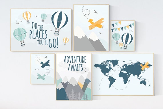 Adventure nursery decor, mountain nursery decor, nursery decor boy airplane, world map nursery, adventure awaits, woodland nursery decor