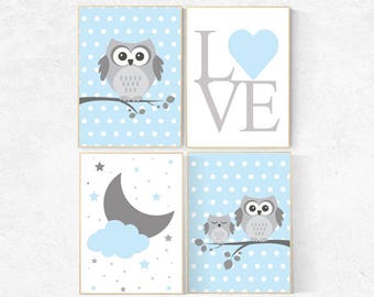 Owl Nursery Decor: Blue Gray Baby Boy Room Prints, Set of 4