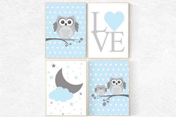 Baby boy nursery decor, owl nursery decor, Blue gray nursery, boys room wall art, baby room prints, nursery decor, cloud nursery, owl print