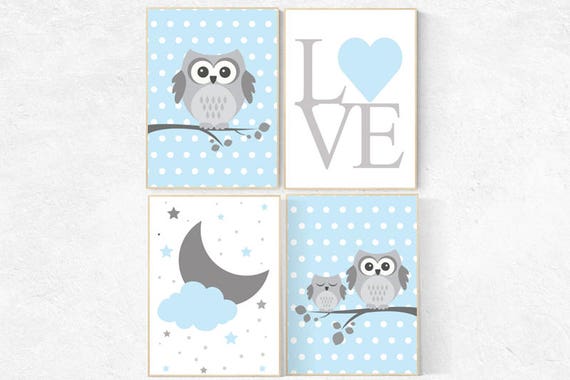 Baby boy nursery decor, owl nursery decor, Blue gray nursery, boys room wall art, baby room prints, nursery decor, cloud nursery, owl print